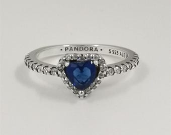 Anillo Pandora de corazón azul elevado, plata de ley S925.