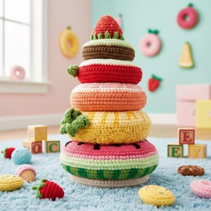 May include: A colorful, crocheted stacking toy shaped like a stack of desserts. The toy features a watermelon base, a yellow layer, an orange layer, a red layer, and a strawberry top. Additional crocheted food items, including donuts and ice cream cones, are scattered around the base.