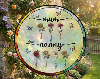 Nana's Garden Stained Glass Suncatcher, Mothers Day Gifts for Nana, Grandma's Garden Decor, Flower Glass Art, Botanical Art, Mom's Blessings