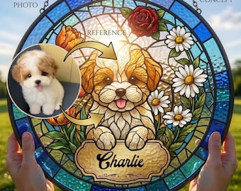Personalized Dog Portrait Stained Glass, Pet Memorial Gift, Dog Keepsake, Pet Loss Gift, Dog Memorial Gift, Custom Pet Photo Suncatcher