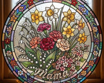 Floral border Nana's Garden Stained Glass Suncatcher, Mothers Day Gifts, Grandma's Garden Decor, Glass Art, Botanical Art, Mom's Blessings