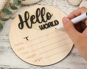 Wooden Birth Announcement Sign for Hospital | Hello World Newborn Photo Prop | Personalized Baby Name Sign | Monthly Milestone Round