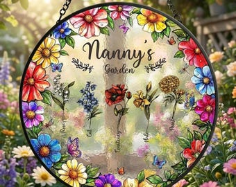 Floral border Nana's Garden Stained Glass Suncatcher, Mothers Day Gifts, Grandma's Garden Decor, Glass Art, Botanical Art, Mom's Blessings