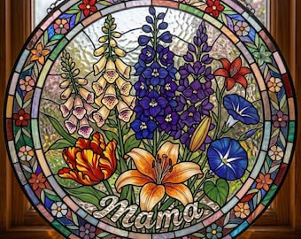 Floral border Nana's Garden Stained Glass Suncatcher, Mothers Day Gifts, Grandma's Garden Decor, Glass Art, Botanical Art, Mom's Blessings