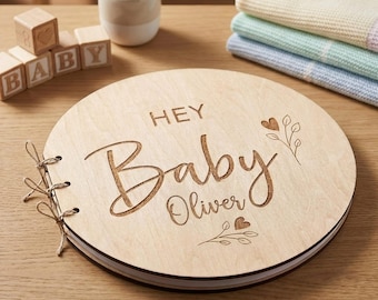 Wooden Baby Shower Guest Book | Hello World Newborn Photo Prop | Personalized Baby Name Sign | Monthly Milestone Round