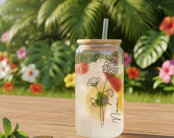 Personalized Birth Flower Coffee Cup, Bridesmaid Gift Birth Flower Glass Cup, Mother's Day Gift Birthday Gift Bridesmaid Proposal Party Gift