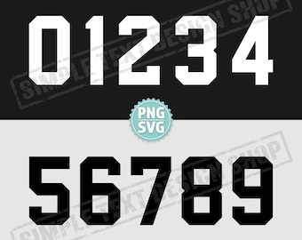 Paquete de números de camisetas deportivas estilo universitario (0-9) en formato PNG, SVG, EPS y TTF. Plantillas de números para camisetas deportivas. Archivos digitales sencillos para la parte posterior de las camisetas.