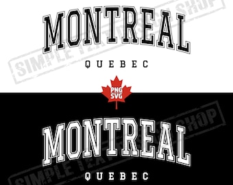 Może przedstawiać: Cyfrowy projekt z napisem "MONTREAL" pogrubioną, łukowatą czcionką, z napisem "QUEBEC" poniżej. Czerwony grafika liścia klonu jest wyśrodkowana nad tekstem. Projekt jest dostępny w kolorze czarnym i białym.