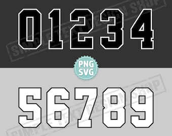 Simple Jersey Numbers 0-9 with Outline SVG PNG EPS Bundle Digital Files, College Sports Jersey Number Templates, Team Player Back Number