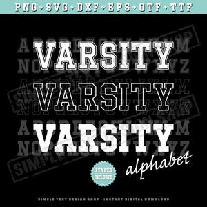 Alphabet universitaire de A à Z Png Svg Dxf Eps Otf Ttf, Modèles de polices de caractères pour maillot de sport style universitaire, 3 types de lettres simples