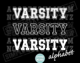 Paquete de alfabeto universitario A-Z PNG SVG DXF EPS OTF TTF, plantillas de fuentes de camisetas deportivas estilo universitario, 3 tipos de diseños de letras simples