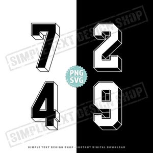 Números de camisetas deportivas con diseño isométrico del 0 al 9 en formato PNG, SVG, EPS y TTF (archivos digitales), plantillas de números de camisetas estilo universitario, paquete de números de camisetas sencillos.