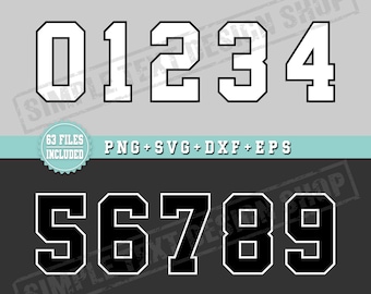 Numéros de maillot de sport universitaire avec contour Png Svg Dxf Eps Bundle, numéros de maillot simple 0-9 modèles de fichiers numériques, numéro de dos du joueur
