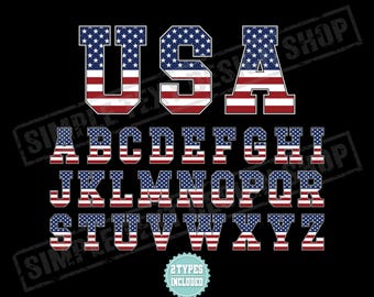 Varsity Alphabet A-Z + American Flag Png Svg Dxf Eps Bundle, College Style Simple Jersey Letters, 2 Types Flag of USA Font Design Templates