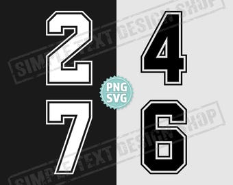 Números de camisetas deportivas estilo universitario del 0 al 9 (paquete de archivos digitales PNG+Svg+Eps+TTF), plantillas de números para camisetas deportivas, número trasero con contorno simple.