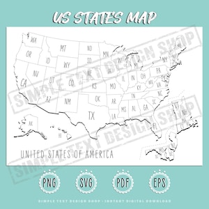 US States Coloring Map Png Svg Pdf Eps Digital Files Bundles, Printable USA Travel Maps, Learing America Geography, Educational Projects