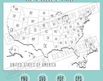 Paquetes de archivos digitales PNG, SVG, PDF y EPS para colorear mapas de Estados Unidos, mapas de viaje imprimibles de EE. UU., aprendizaje de geografía de Estados Unidos, proyectos educativos.