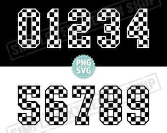 Checkered Numbers 0-9 Png Svg Dxf Eps Ttf Bundle, Motorsports Jersey Number Designs, Chequered Flag Racing Pattern Design Templates