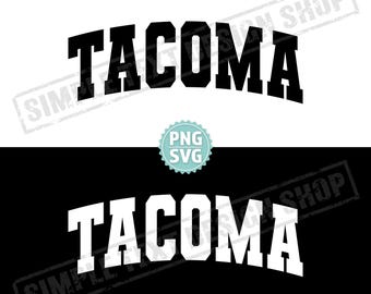 Tacoma Washington SVG i PNG, tekst Tacoma Varsity png, ojczyzna USA SVG, czcionka Varsity w stylu uniwersyteckim, prosty projekt tekstu w stylu vintage