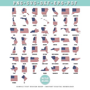 May include: A digital collection of 50 United States map outlines filled with the American flag pattern, labeled with state names. The top text reads PNG+SVG+DXF+EPS+PDF, and the bottom includes a badge stating 155 FILES INCLUDED.
