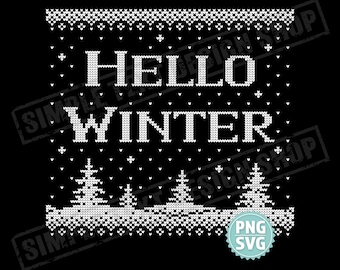 Modèle tricoté « Bonjour l'hiver » (fichiers numériques PNG et SVG), motif pixelisé hivernal douillet, motifs à pois et cœurs pour pull de Noël kitsch.