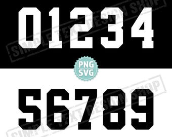 Zestaw cyfrowych plików PNG + SVG + EPS z numerami na koszulkach w stylu uniwersyteckim 0-9, szablony projektów numerów na koszulkach sportowych, numery drużyny i zawodnika