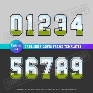 May include: A set of digital number frames from 0 to 9 featuring a varsity-style font with a black outline. Each number is filled with a landscape graphic showing a green grassy hill under a light blue sky with white clouds. Text reads Canva Link.