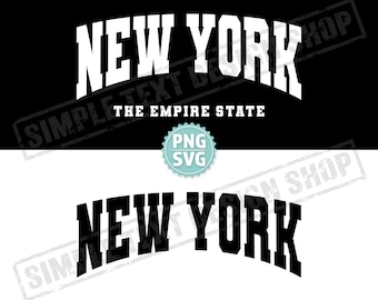 Archivos digitales SVG + PNG del Empire State de Nueva York, diseños de fuentes universitarias arqueadas, diseño de texto vintage de Estados Unidos de Nueva York