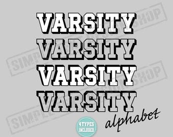Ensemble de polices de caractère universitaire à effet 3D Png Svg Dxf Eps Otf Ttf, Modèles de conception d'alphabet pour maillot de sport, 4 types de lettres simples de style universitaire