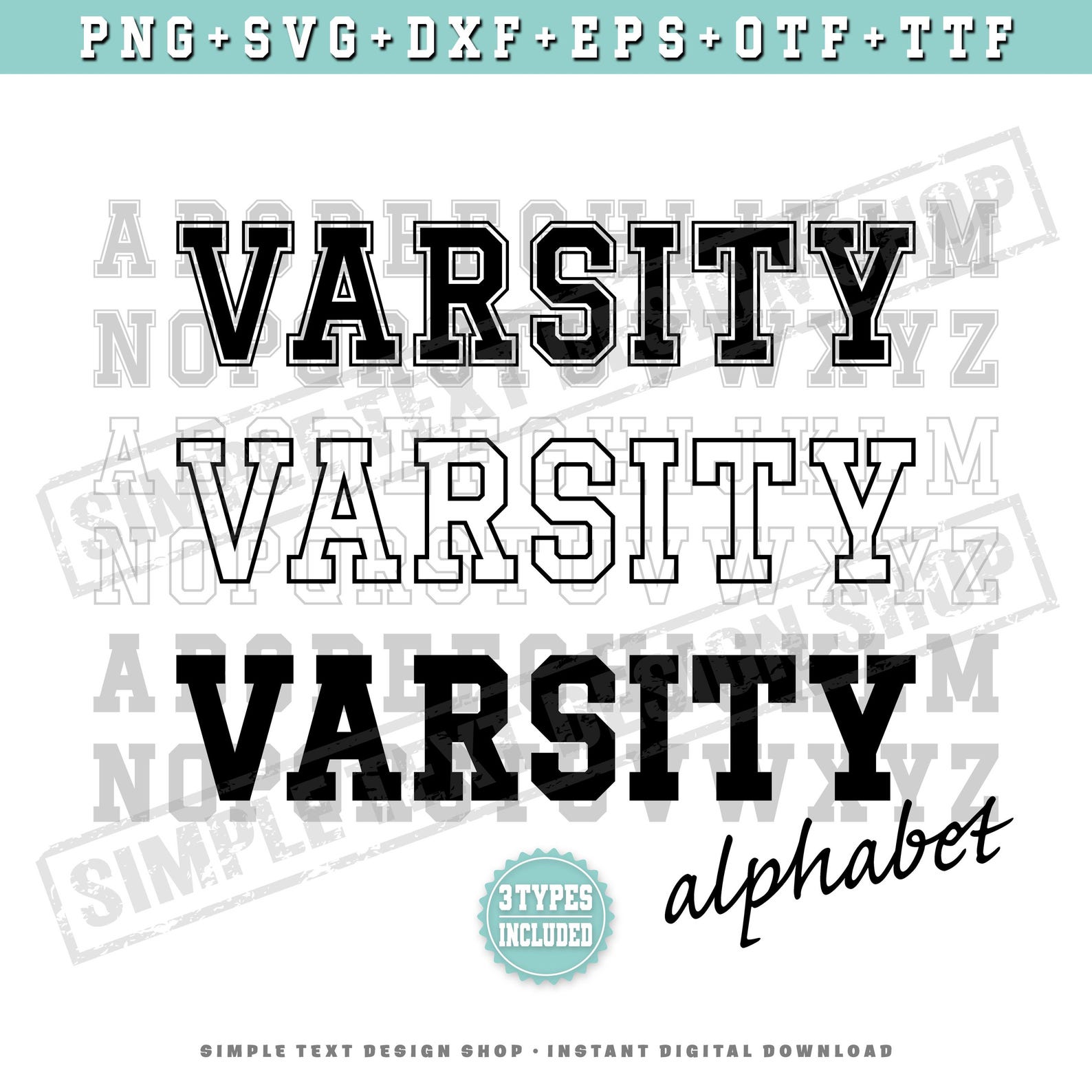 Varsity Alphabet A-Z Png Svg Dxf Eps Otf Ttf Bundle, College Style ...