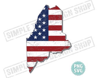 Fichiers numériques de l'État du Maine + drapeau des États-Unis Svg et Png, carte des États-Unis avec des dessins de drapeau américain en détresse svg, conception de la patrie png