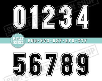 Ensemble de fichiers numériques (PNG, SVG, DXF, EPS, TTF) : numéros ronds simples de 0 à 9 avec contour, modèles de numéros pour maillots de sport universitaires.