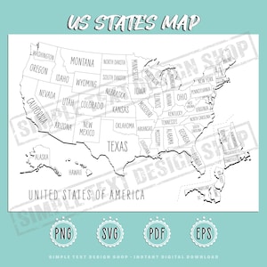 US States Coloring Map Png Svg Pdf Eps Digital Files Bundles, Printable USA Travel Maps, Learing America Geography, Educational Projects