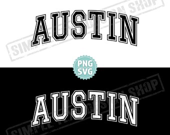 Austin, Texas PNG + SVG, diseño de texto de graduado arqueado de Austin SVG, fuente de graduado de estilo universitario PNG, diseño vintage de la patria de EE. UU.