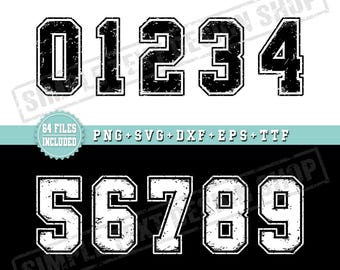 Numéros de maillot simples et vieillis (0-9) aux formats PNG, SVG, DXF, EPS et TTF ; modèles de lettres grunge style universitaire ; modèles de numéros de maillot de sport.