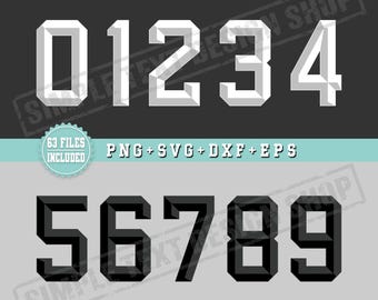 Numéros de maillot universitaire de Style universitaire 0-9 avec nuance Png Svg Dxf Eps Bundle, modèles de numéros de maillot de sport, fichiers numériques de numéro de dos simple