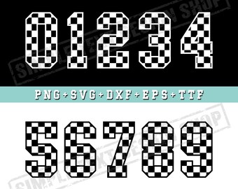 Paquete de números a cuadros del 0 al 9 en formato PNG, SVG, DXF, EPS y TTF, diseños de números para camisetas de automovilismo, plantillas de diseño de patrones de carreras con bandera a cuadros.