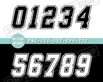 Ensemble de fichiers numériques (PNG, SVG, DXF, EPS, TTF) : numéros de maillot simples en style oblique (0 à 9), modèles de numéros pour le dos des maillots de sport de style universitaire.