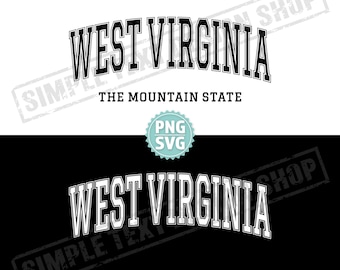 Projekt tekstu vintage w stylu Wirginia Zachodnia, stan górski PNG + SVG, projekt stanu WV w Ameryce, stany USA w formacie PNG, projekt czcionki Arched Graduate w formacie SVG
