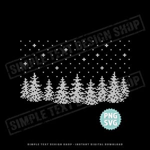May include: A digital design featuring a row of white knit-style Christmas trees with falling snowflakes on a black background. The design includes the text "SIMPLE TEXT DESIGN SHOP" and "PNG SVG".