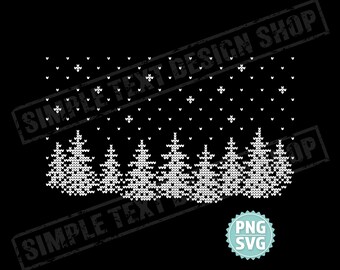 Motif tricoté sapin et neige (fichiers numériques PNG et SVG), design hivernal douillet en pixels, motifs cœurs et pois pour pull de Noël kitsch