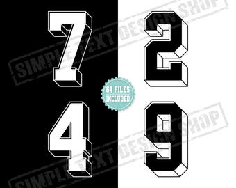 Lot de numéros de maillot simples de conception isométrique de 0 à 9 Png Svg Dxf Eps Ttf, modèles de numéros de maillot de sport, modèles de numéros de style universitaire