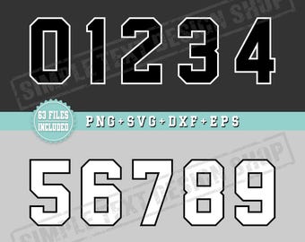 Numéros de maillot de style universitaire universitaire avec contour Png Svg Dxf Eps, maillot de sport numéro 0-9 modèles de fichiers numériques, numéro de dos