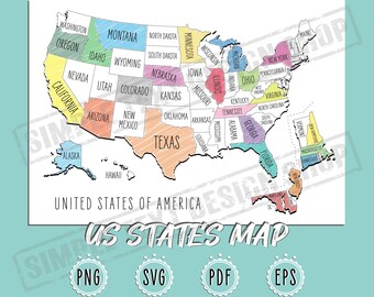 US States Coloring Map Png Svg Pdf Eps Digital Files Bundles, Printable USA Travel Maps, Learing America Geography, Educational Projects