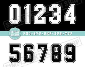 Ensemble de fichiers numériques Style collège numéros 0-9 Png Svg Dxf Eps Ttf, modèles de numéros de maillot de sport, dossard de joueur de l'équipe téléchargement