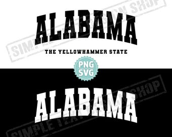 Alabama, el estado del Yellowhammer SVG y PNG, Varsity png, diseños de fuente Varsity, estado de Estados Unidos svg, estados de EE. UU., diseño de texto AL en blanco y negro
