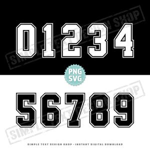 May include: A digital design featuring the numbers 0 through 9 in a collegiate style. The numbers are white with a black outline, set against a black and white background. The design includes the text "SIMPLE TEXT DESIGN SHOP - INSTANT DIGITAL DOWNLOAD".