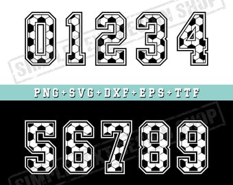 Paquete de números para camisetas de fútbol del 0 al 9 en formato PNG, SVG, DXF, EPS y TTF, números estilo universitario, plantillas de diseño sencillas para la parte trasera de camisetas deportivas.