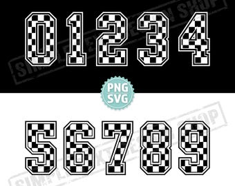 Checkered Pattern Jersey Numbers 0-9 Png Svg Dxf Eps Ttf Bundle, Chequered Flag Racing Number Templates, Motorsports Font Designs