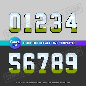 May include: A set of digital number frames from 0 to 9 featuring a landscape graphic of a blue sky with white clouds over a green grassy field. The text reads Canva Link, Drag & Drop Canva Frame Templates, and Simple Text Design Shop.